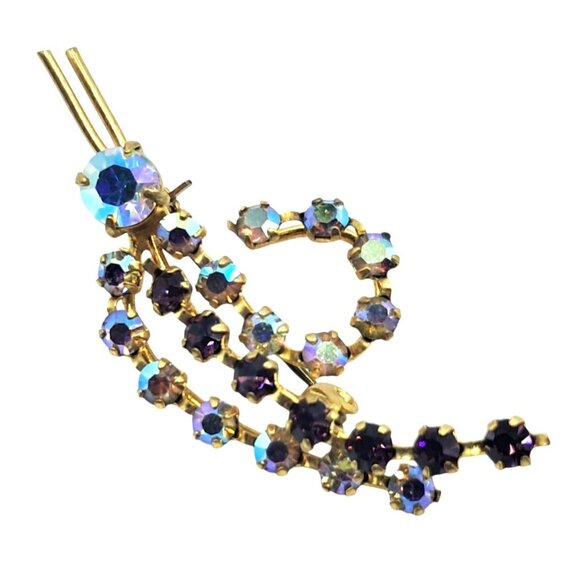 Vintage Rhinestone Jewelry Set Brooch Earrings Purple Aurora Borealis - Picture 2 of 8